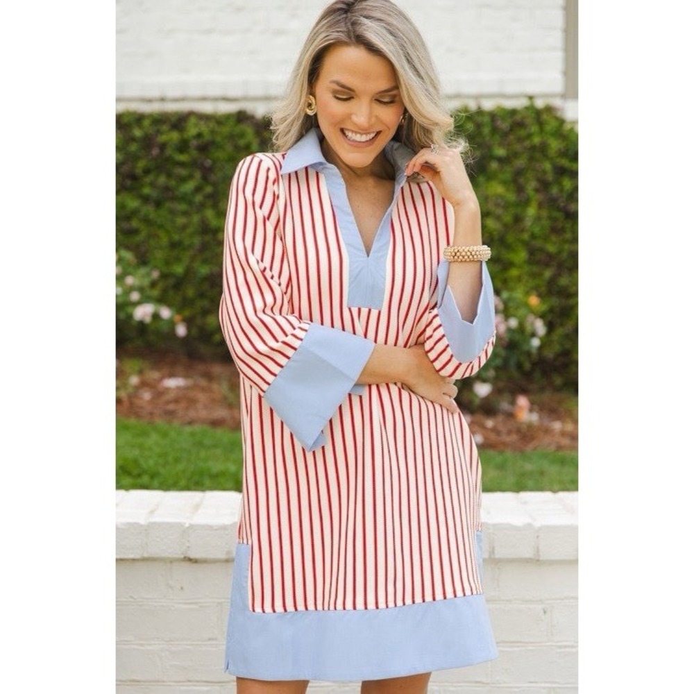 Entro Women's S Striped Block 3/4 Sleeve V-Neck Shift Mini Dress - Picture 2 of 12